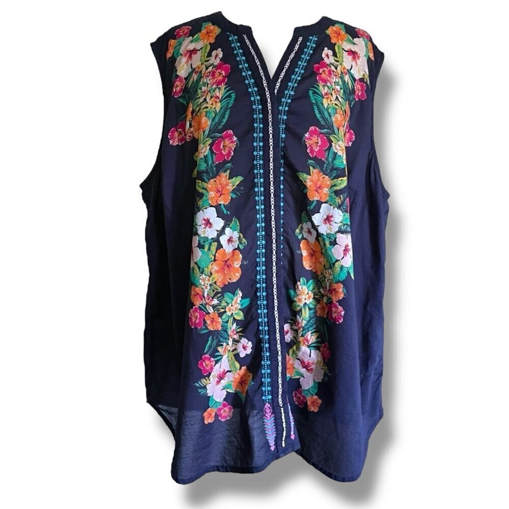 Roamans Womens Top Plus Sz 26W Navy Blue Tropical Floral Tunic Blouse Cotton - Picture 2 of 8
